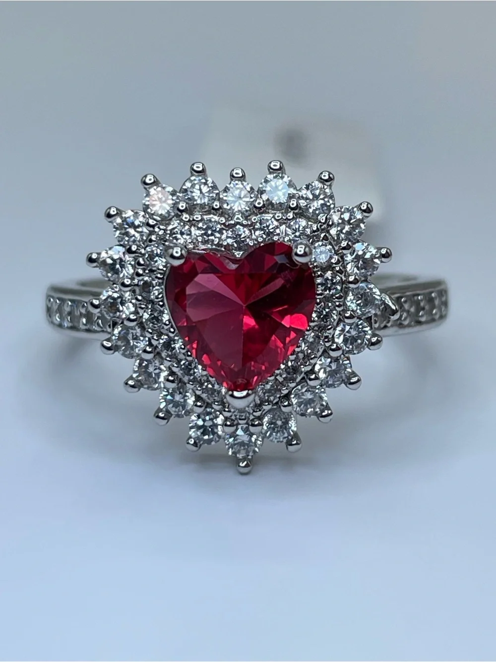 Swarovski Crystal Elements Ruby Red Heart Crystal White Halo Statement Ring Sz 8
